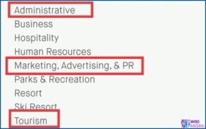 Program categories include Administrative, Business, Hospitality, Human Resources, Marketing, Advertising & PR, Parks & Recreation, Ski Resort, and Tourism.