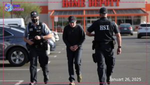 U.S. Immigrations and Customs (ICE) Homeland Security Investigations (HSI) agents walks a handcuffed immigrant at a Home Depot parking lot in Tucson, Arizona