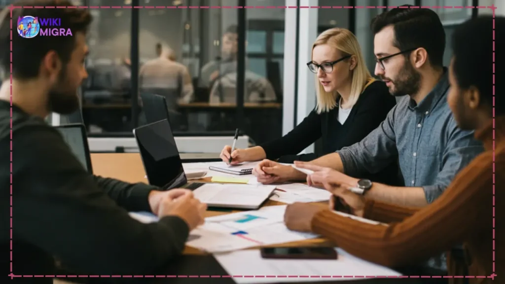 A modern startup team discussing business plans in a Toronto office.