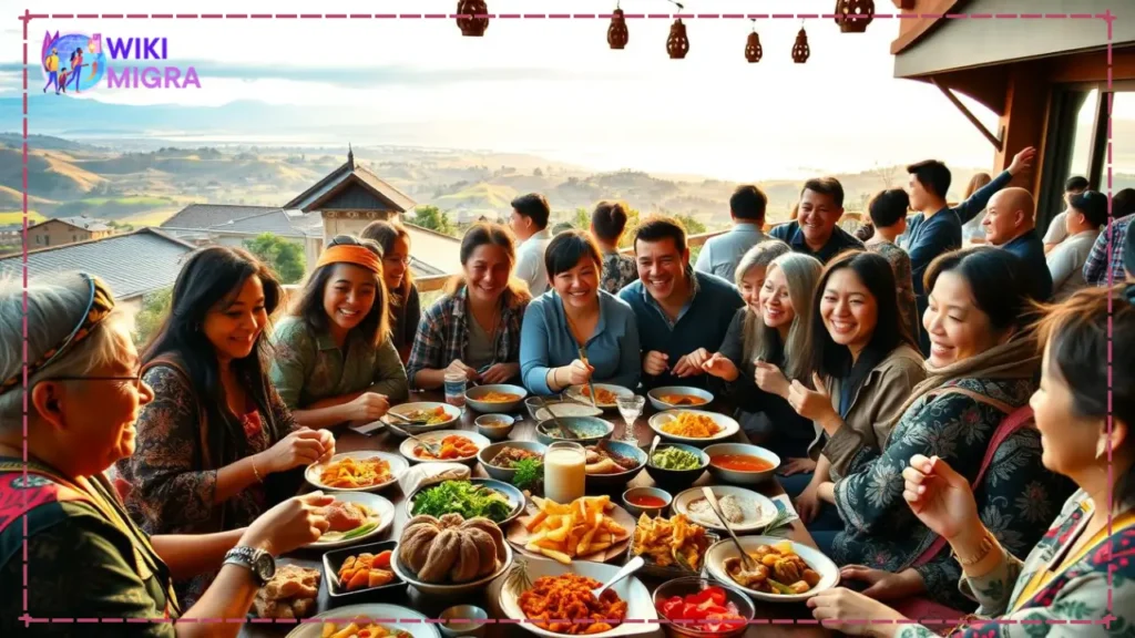 A bustling, vibrant scene of a diverse group of individuals sharing a meal and engaging in lively conversation. In the foreground, a table adorned with an array of traditional Māori and Pākehā dishes, surrounded by people from various cultural backgrounds, their faces alight with warmth and camaraderie. The middle ground features a mix of traditional and modern architectural elements, suggesting a harmonious blend of old and new. In the background, a panoramic view of the stunning New Zealand landscape, with rolling hills and a distant horizon bathed in soft, golden light, creating a serene and welcoming atmosphere. The scene conveys a sense of cultural integration, social connectedness, and the richness of life in New Zealand.