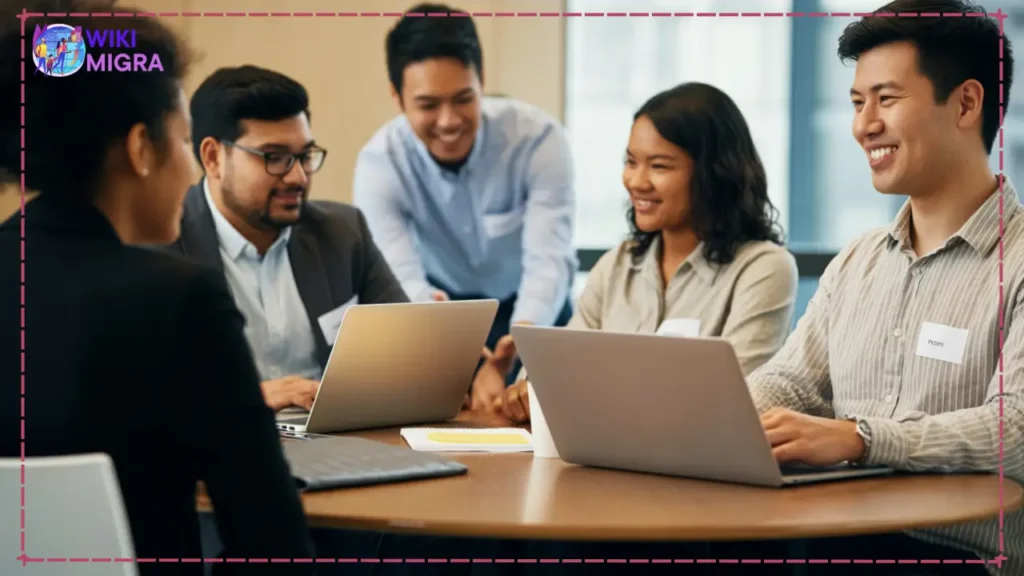 A diverse group of online MBA students participating in a virtual networking event, displayed in a Zoom meeting with smiling faces and professional attire.