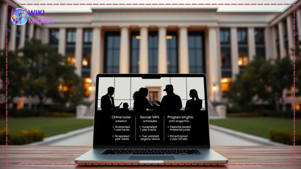 Elegant yet informative online MBA program displayed against a backdrop of a modern university campus. In the foreground, a laptop showcases flexible course schedules, durations, and pacing options. Highlighted are the varied program lengths, from accelerated 1-year tracks to more traditional 2-year formats. The middle ground features silhouettes of students engaged in virtual discussions, emphasizing the online and self-paced nature of the curriculum. The background features an imposing architecture with clean lines and large windows, conveying a sense of prestige and academic rigor. Warm, soft lighting creates a welcoming, professional atmosphere. A cinematic, wide-angle lens captures the scene, highlighting the program's accessibility and adaptability to the modern learner's needs.