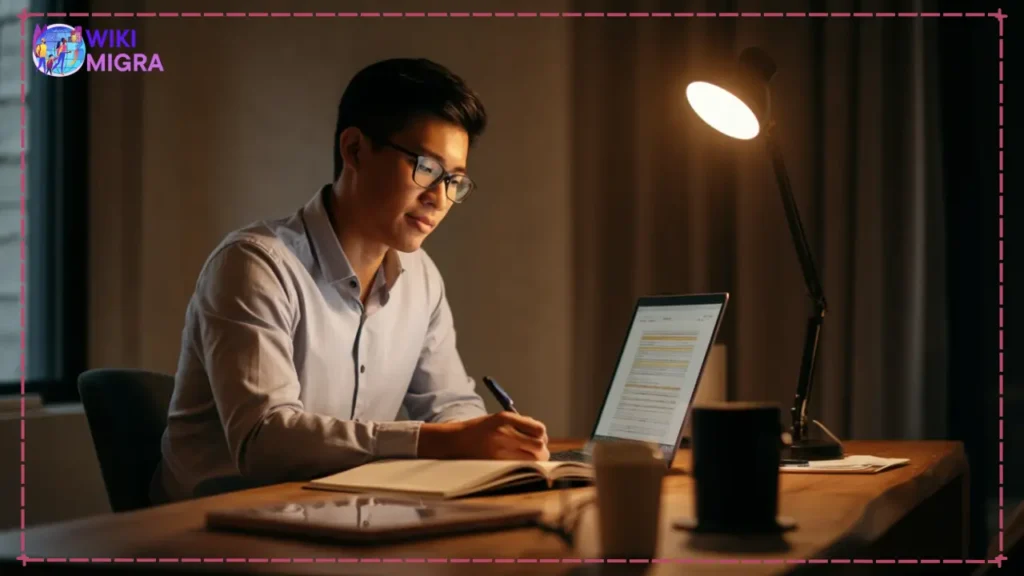 A professional student studying for an accredited online MBA program in a modern home office, with a laptop, books, and a coffee cup, engaged in an online class.