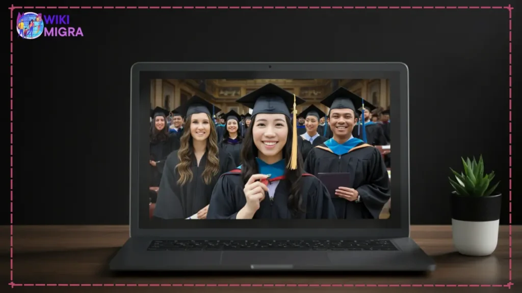 A group of diverse students celebrating their graduation from an accredited online MBA program via a virtual video call, wearing caps and gowns on-screen.