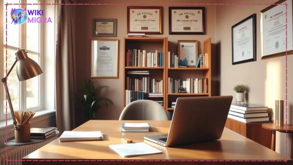 An image of a cozy, inviting home office featuring a laptop, books, and diplomas on the wall, representing the flexibility and accreditation of online HR degree programs. The room is bathed in warm, natural lighting from a large window, creating a serene and productive atmosphere. The desk is neatly organized, suggesting the structure and professionalism of the online learning experience. In the background, a bookshelf showcases various HR-related resources, hinting at the depth and quality of the curriculum. The overall composition conveys the balance between the comfort of remote study and the rigor of an accredited HR master's degree.