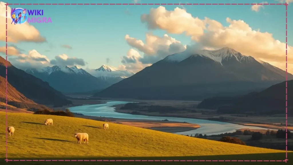 A serene, picturesque landscape showcasing the natural beauty of New Zealand. In the foreground, a rolling green hill dotted with sheep grazing peacefully. In the middle ground, a winding river reflecting the azure sky and fluffy clouds above. In the background, towering snow-capped mountains with a tinge of golden light illuminating their peaks. The scene is bathed in a warm, golden hour glow, creating a peaceful, inviting atmosphere. This idyllic setting serves as a welcoming backdrop to convey the inclusive, diverse, and welcoming nature of New Zealand's immigration policies.