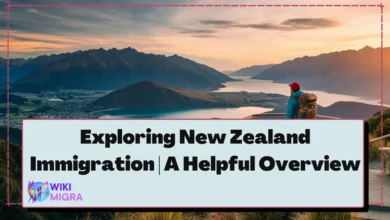 The image has a breathtaking view of New Zealand’s landscape, featuring lush green mountains, a clear blue lake, and a vibrant sunset. A traveler stands at a scenic viewpoint, symbolizing new beginnings and opportunities in New Zealand.