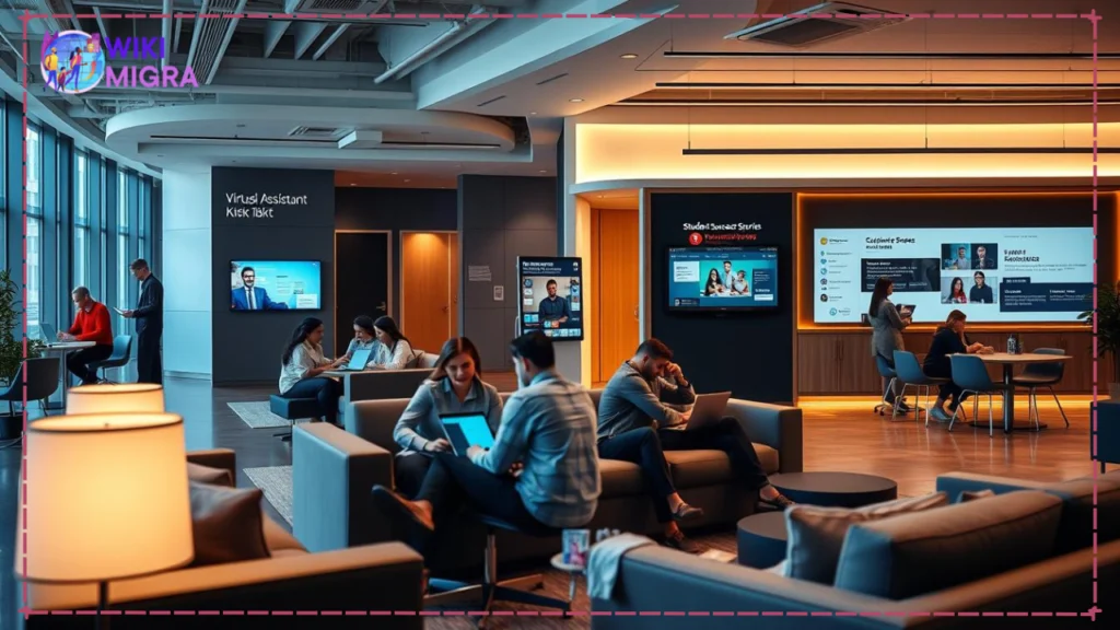 A modern, well-lit office setting with comfortable lounge furniture and a tech-savvy atmosphere. In the foreground, a group of students collaborating on laptops, discussing course materials and assignments. In the middle ground, a virtual assistant kiosk offering on-demand support and resources. The background features a sleek, minimalist design with clean lines, warm lighting, and digital displays showcasing student success stories and program information. The overall mood is one of productivity, engagement, and a supportive online learning environment.